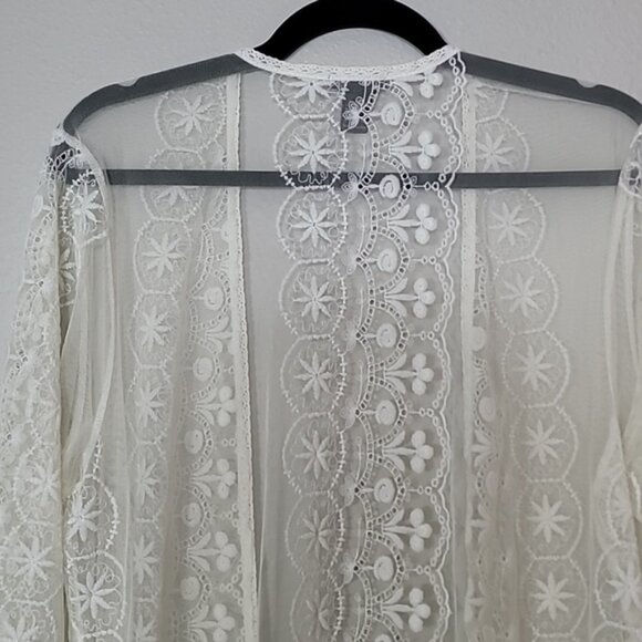Y2K Rue21 Sheer Lace Open Kimono Size M White Ivory Boho Fringe Longline - Picture 10 of 13